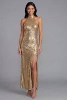 Load image into Gallery viewer, Sparkly Gold Sequin Maxi Formal Dress with Slit