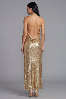 Sparkly Gold Sequin Maxi Formal Dress with Slit