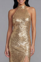 Load image into Gallery viewer, Sparkly Gold Sequin Maxi Formal Dress with Slit