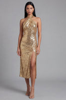 Load image into Gallery viewer, Sparkly Gold Halter Maxi Sequin Formal Dress with Slit