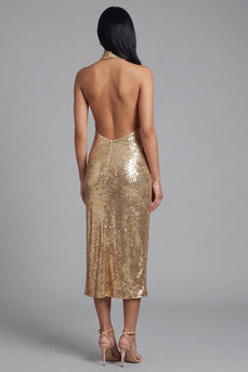Sparkly Gold Halter Maxi Sequin Formal Dress with Slit