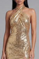 Load image into Gallery viewer, Sparkly Gold Halter Maxi Sequin Formal Dress with Slit