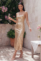Load image into Gallery viewer, Sparkly Gold Spaghetti Straps Maxi Sequin Formal Dress