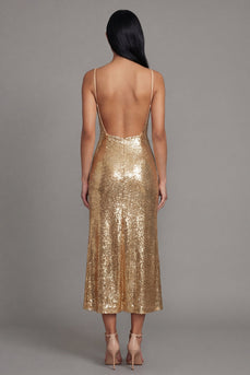 Sparkly Gold Spaghetti Straps Maxi Sequin Formal Dress
