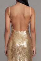 Load image into Gallery viewer, Sparkly Gold Spaghetti Straps Maxi Sequin Formal Dress