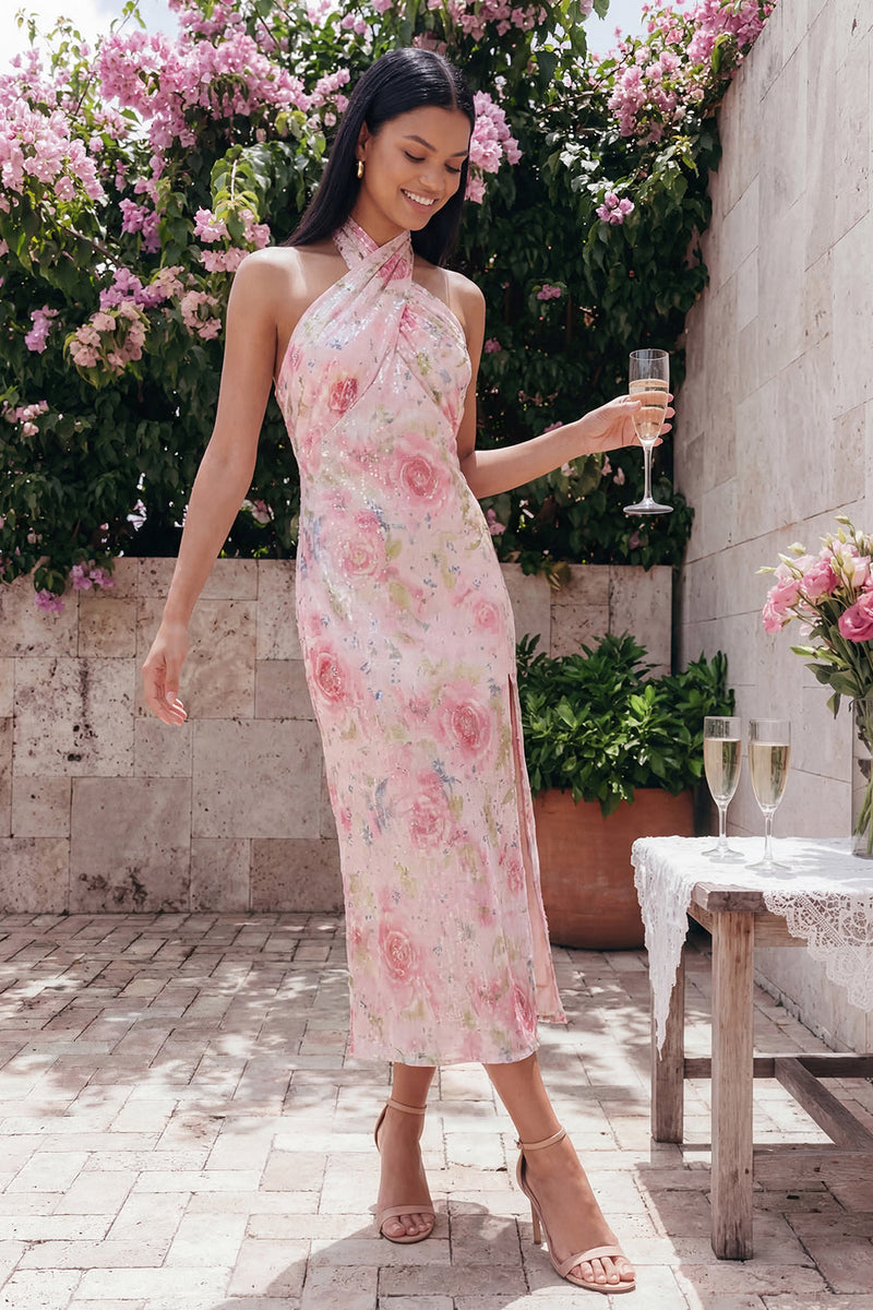 Load image into Gallery viewer, Sparkly Pink Halter Floral Maxi Formal Dress with Slit