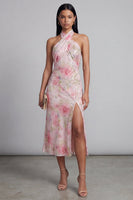 Load image into Gallery viewer, Sparkly Pink Halter Floral Maxi Formal Dress with Slit