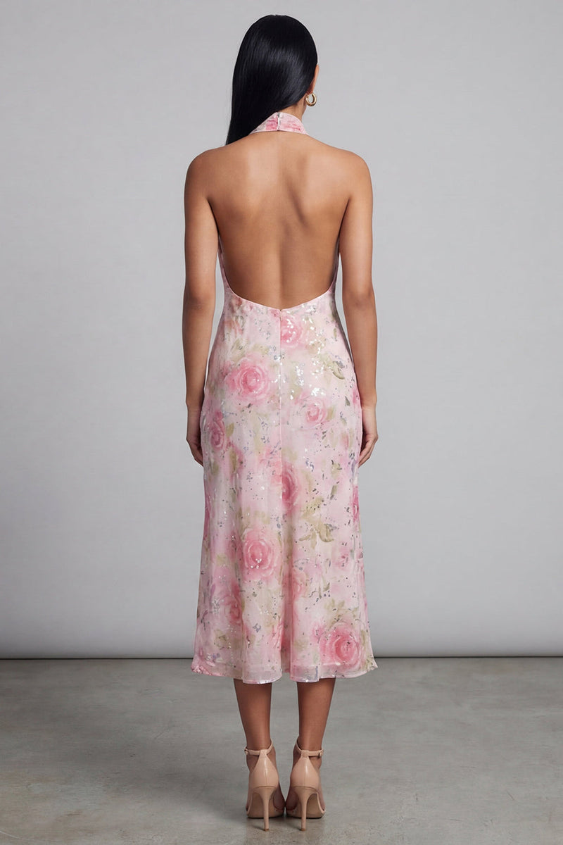 Load image into Gallery viewer, Sparkly Pink Halter Floral Maxi Formal Dress with Slit