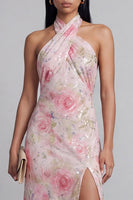 Load image into Gallery viewer, Sparkly Pink Halter Floral Maxi Formal Dress with Slit