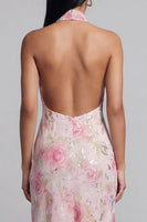Load image into Gallery viewer, Sparkly Pink Halter Floral Maxi Formal Dress with Slit