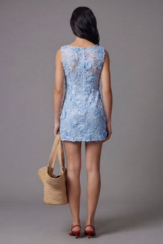 Blue Floral Boat Neck Tight Short Homecoming Dress