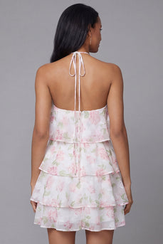 Floral White Pink Short A Line Homecoming Dress with Ruffles