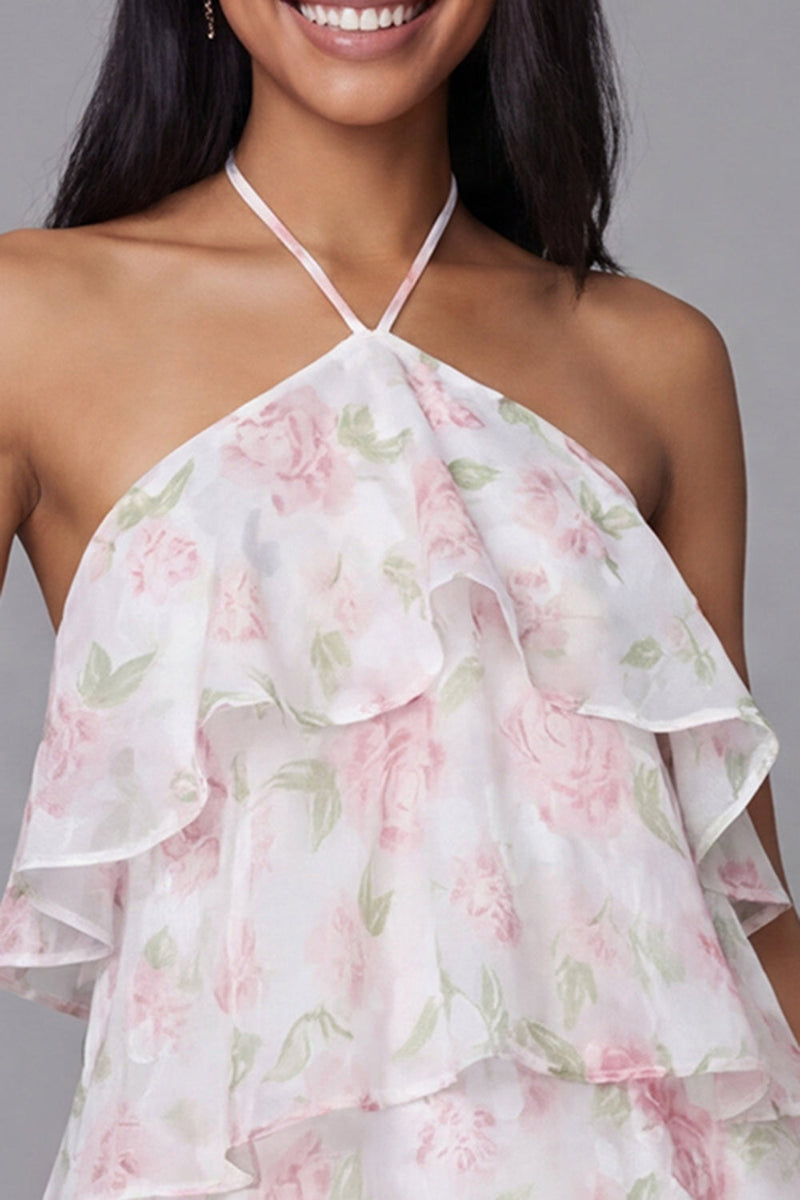 Load image into Gallery viewer, Floral White Pink Short A Line Homecoming Dress with Ruffles