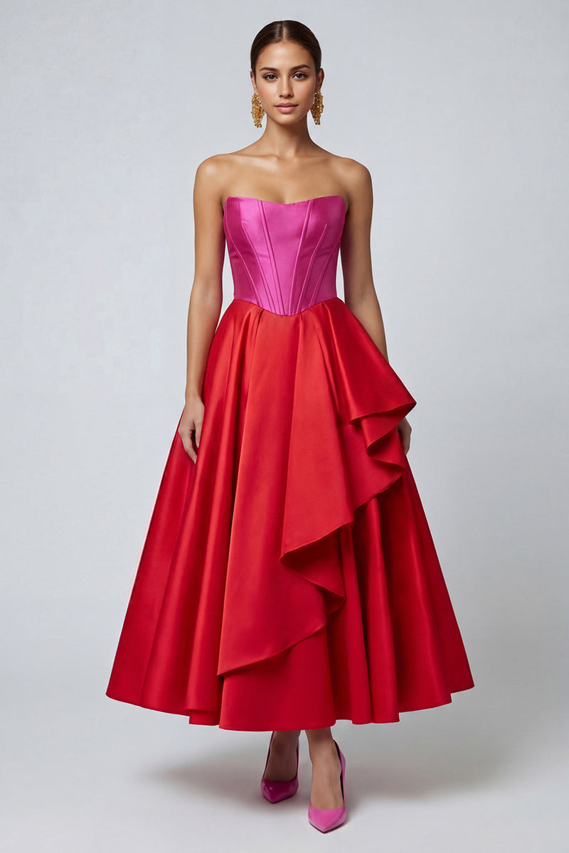 Load image into Gallery viewer, Fuchsia and Red Long Patchwork A Line Ruffled Corset Formal Dress