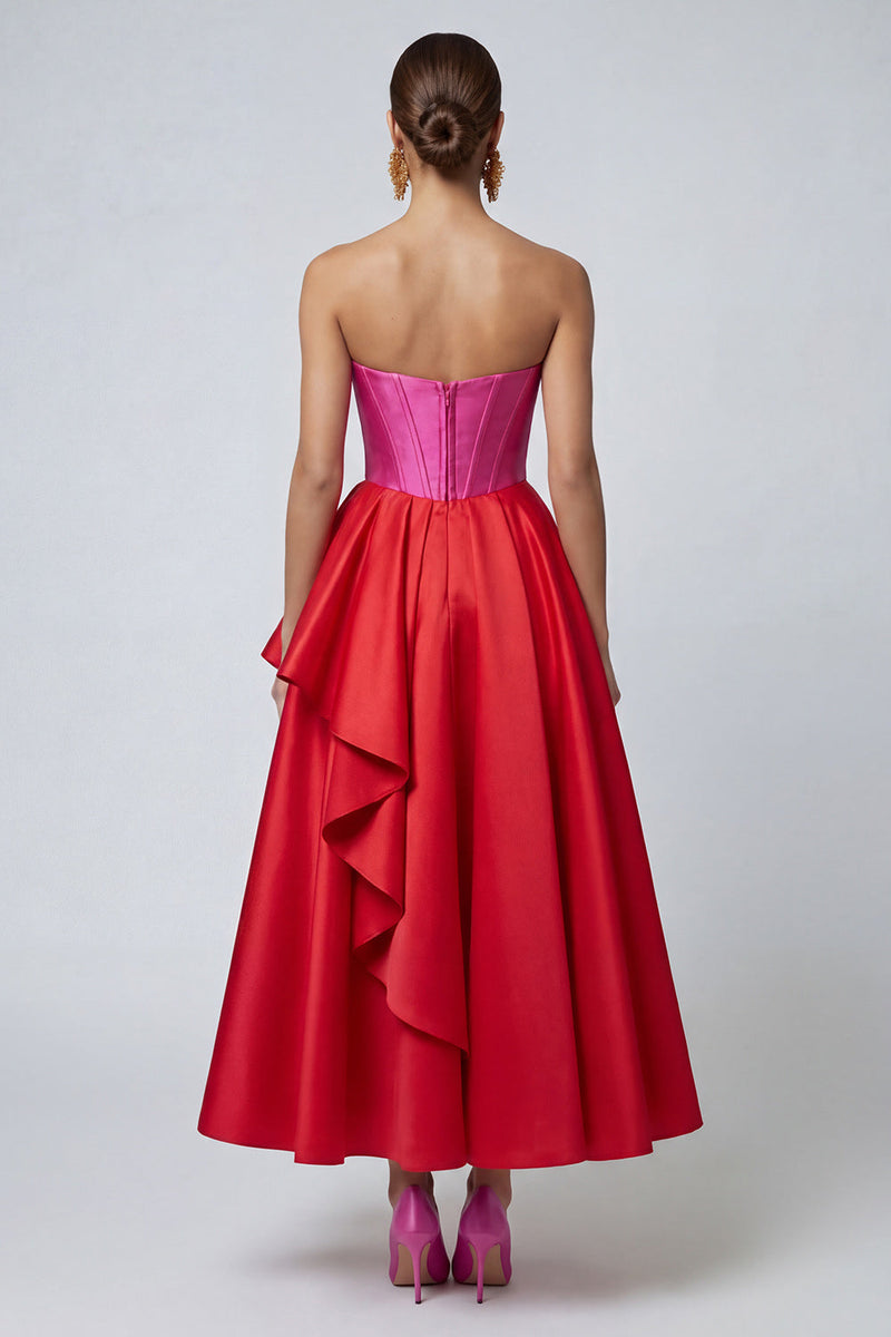 Load image into Gallery viewer, Fuchsia and Red Long Patchwork A Line Ruffled Corset Formal Dress