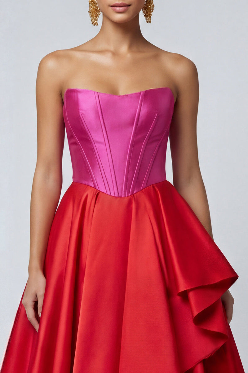 Load image into Gallery viewer, Fuchsia and Red Long Patchwork A Line Ruffled Corset Formal Dress