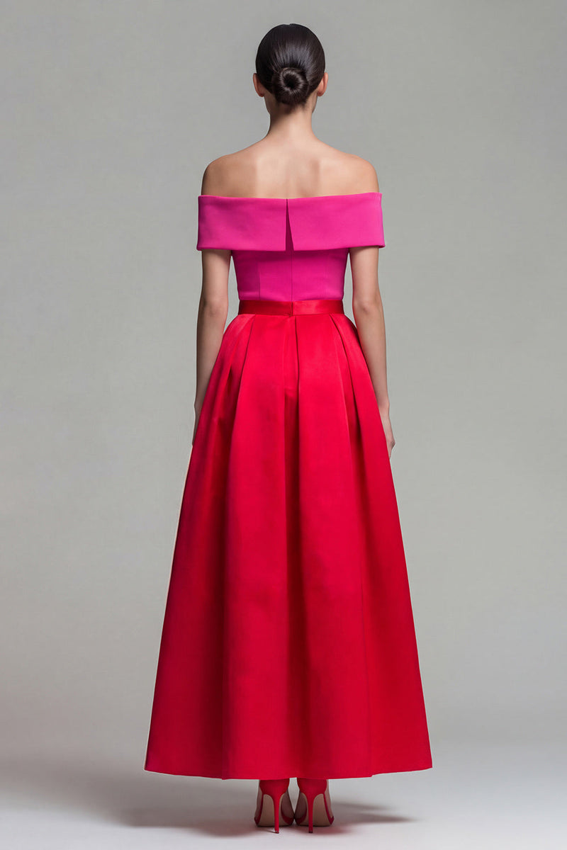 Load image into Gallery viewer, Fuchsia and Red Off the Shoulder A Line Long Patchwork Formal Dress