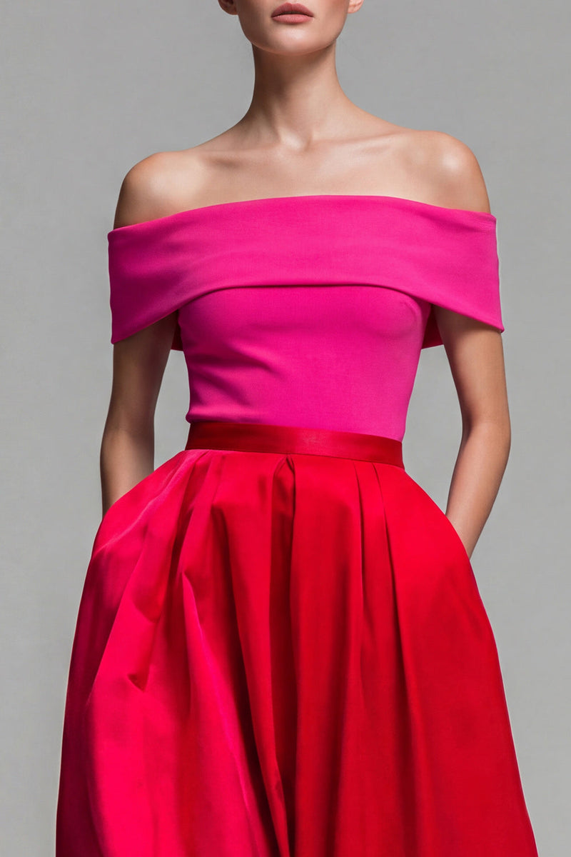 Load image into Gallery viewer, Fuchsia and Red Off the Shoulder A Line Long Patchwork Formal Dress