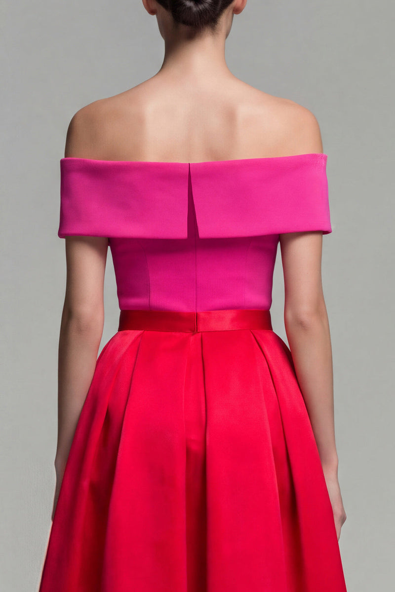 Load image into Gallery viewer, Fuchsia and Red Off the Shoulder A Line Long Patchwork Formal Dress