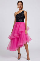 Load image into Gallery viewer, Sparkly Fuchsia and Black One Shoulder A Line Patchwork Asymmetrical Formal Dress