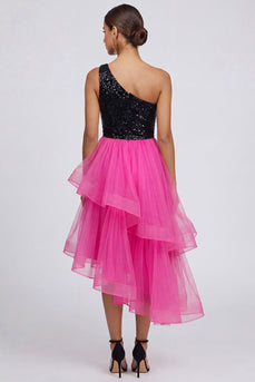 Sparkly Fuchsia and Black One Shoulder A Line Patchwork Asymmetrical Formal Dress