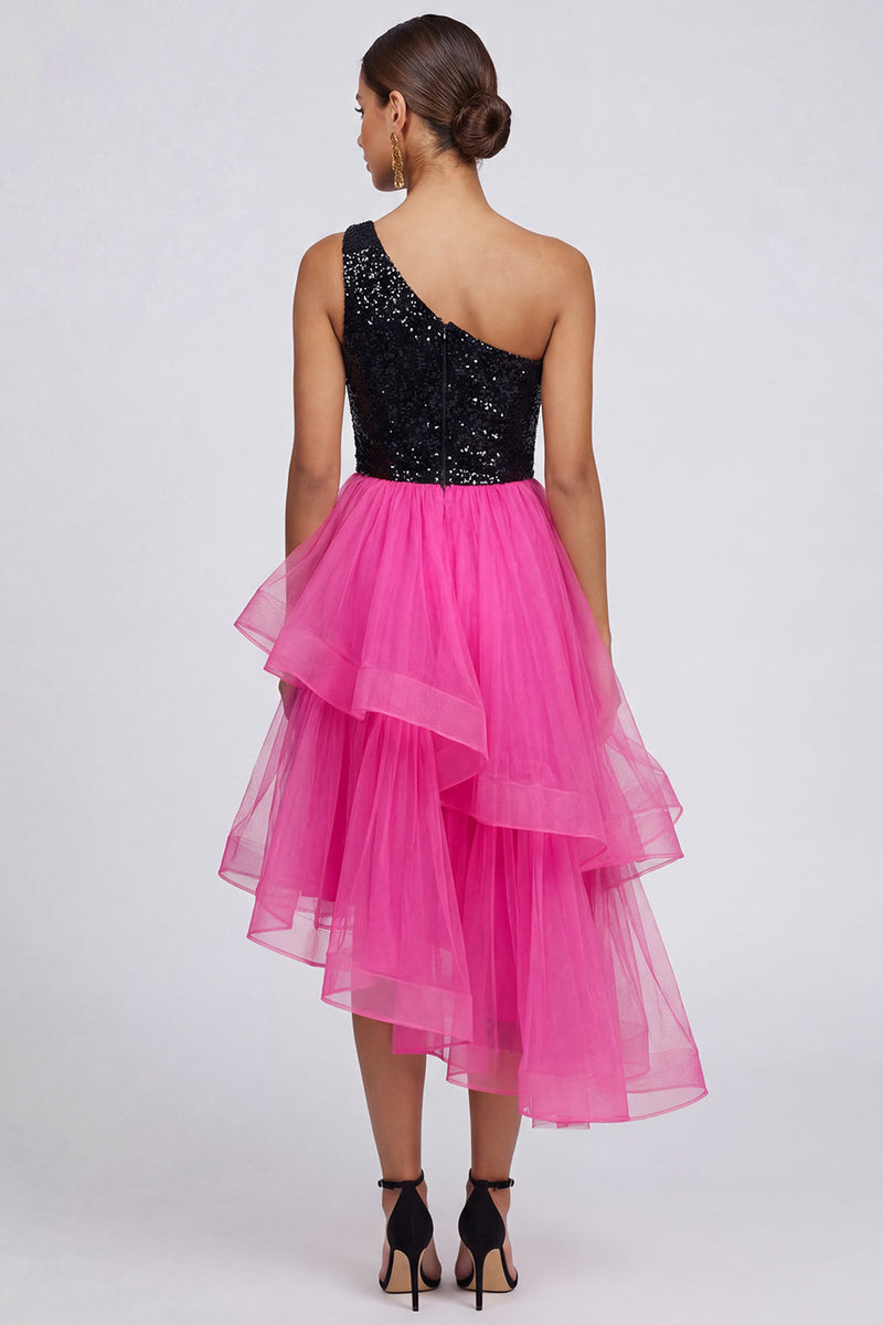 Load image into Gallery viewer, Sparkly Fuchsia and Black One Shoulder A Line Patchwork Asymmetrical Formal Dress