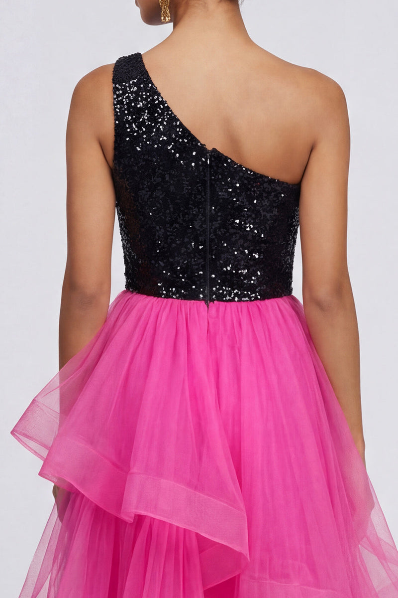 Load image into Gallery viewer, Sparkly Fuchsia and Black One Shoulder A Line Patchwork Asymmetrical Formal Dress