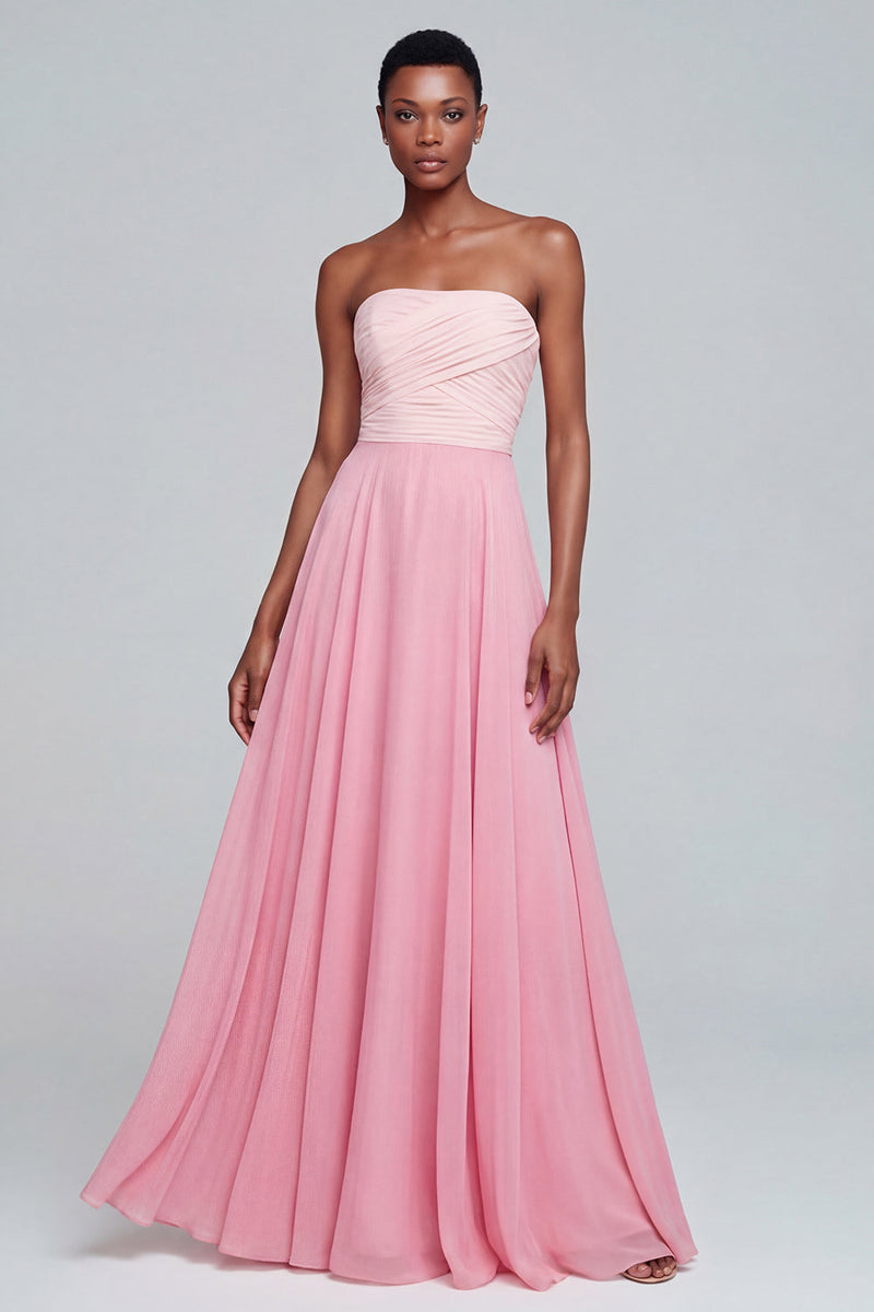 Load image into Gallery viewer, Pink A Line Strapless Patchwork Ruched Long Formal Dress
