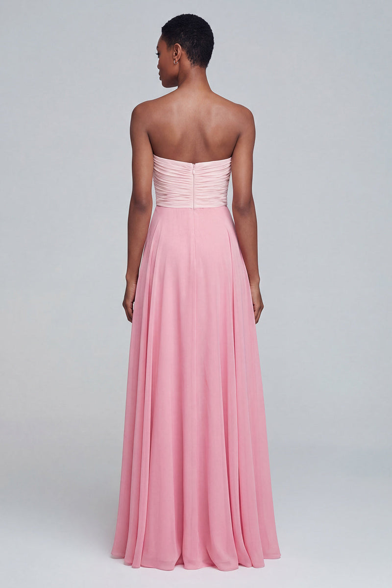 Load image into Gallery viewer, Pink A Line Strapless Patchwork Ruched Long Formal Dress
