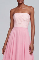 Load image into Gallery viewer, Pink A Line Strapless Patchwork Ruched Long Formal Dress
