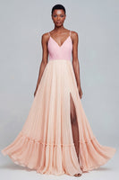 Load image into Gallery viewer, Pink and Champagne Patchwork Spaghetti Straps Pleated Long Formal Dress