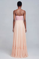 Load image into Gallery viewer, Pink and Champagne Patchwork Spaghetti Straps Pleated Long Formal Dress