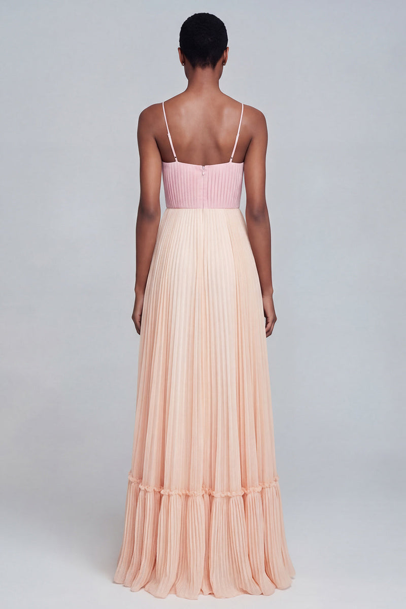 Load image into Gallery viewer, Pink and Champagne Patchwork Spaghetti Straps Pleated Long Formal Dress