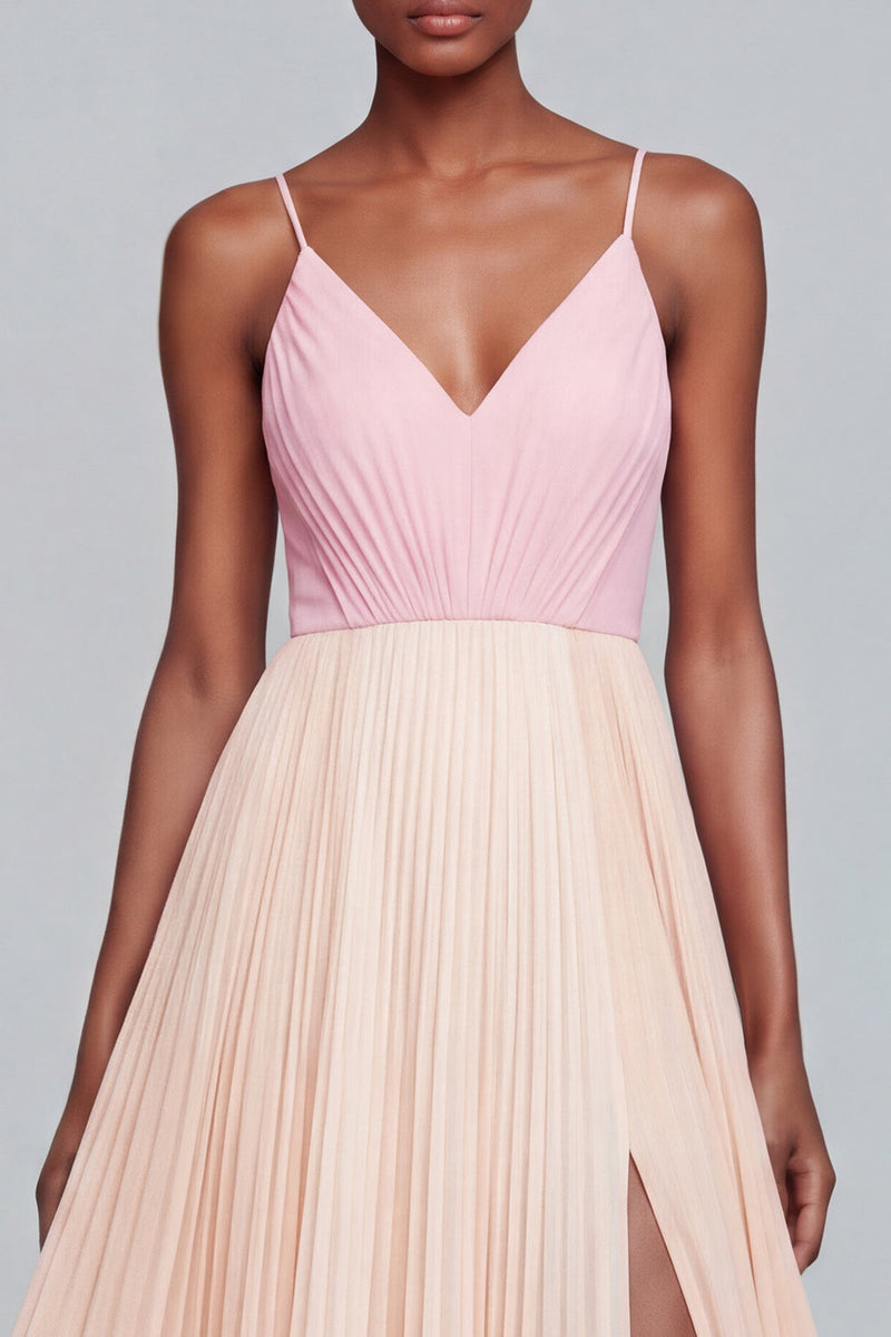 Load image into Gallery viewer, Pink and Champagne Patchwork Spaghetti Straps Pleated Long Formal Dress