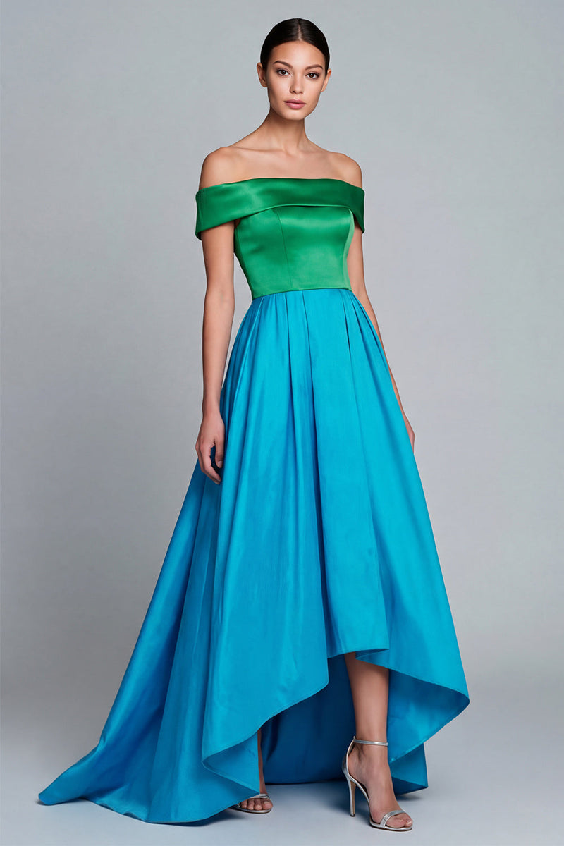 Load image into Gallery viewer, Green and Blue Patchwork Off the Shoulder A Line High Low Formal Dress
