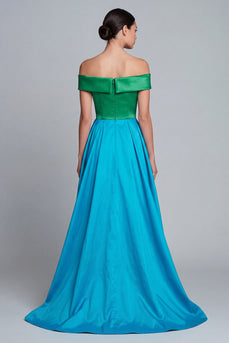 Green and Blue Patchwork Off the Shoulder A Line High Low Formal Dress