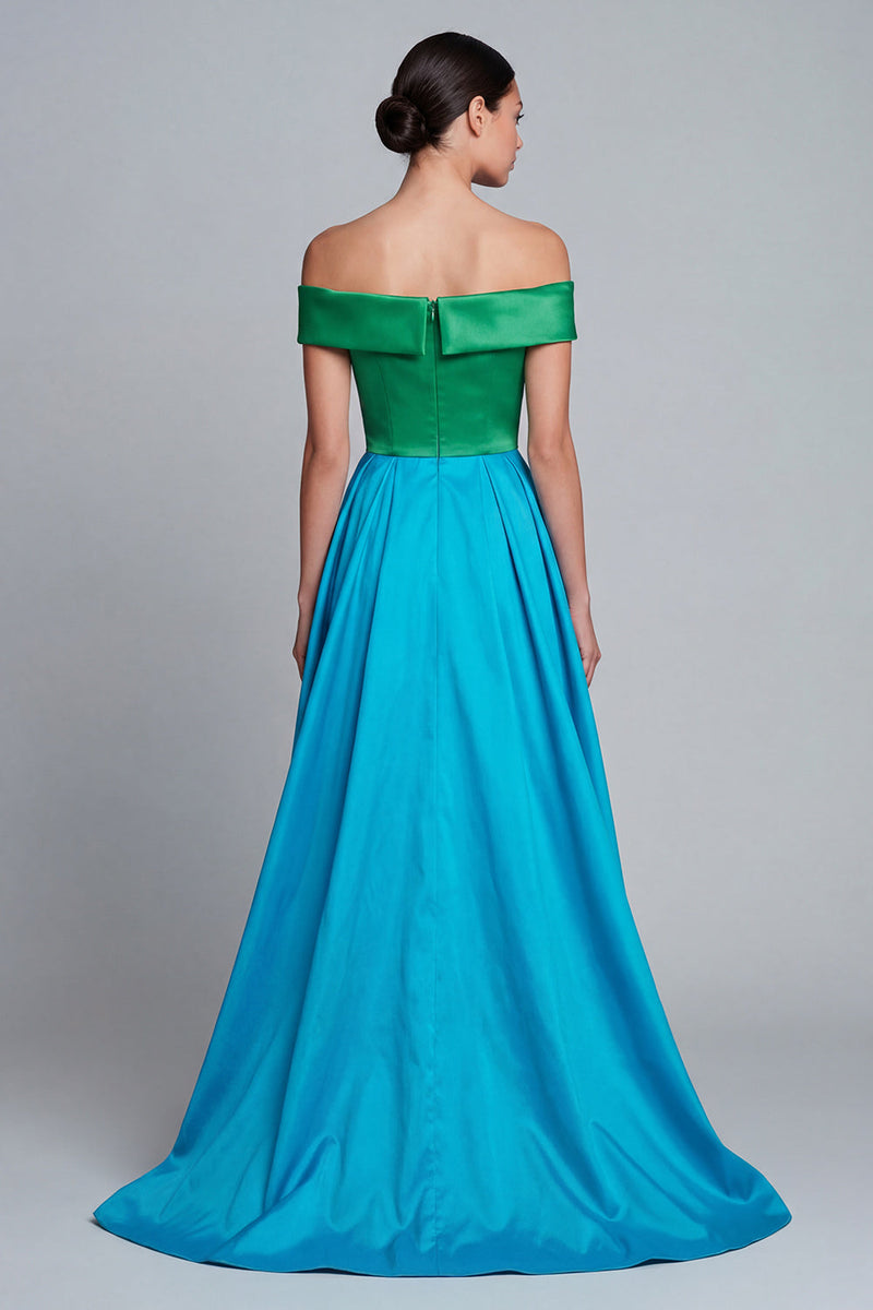 Load image into Gallery viewer, Green and Blue Patchwork Off the Shoulder A Line High Low Formal Dress