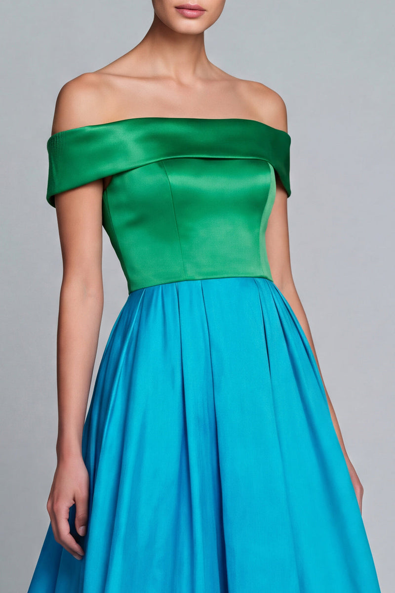 Load image into Gallery viewer, Green and Blue Patchwork Off the Shoulder A Line High Low Formal Dress