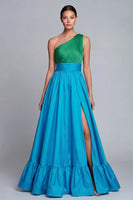 Load image into Gallery viewer, Green and Blue One Shoulder Patchwork A Line Long Formal Dress with Slit