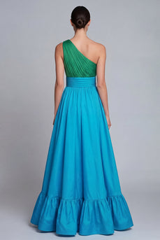 Green and Blue One Shoulder Patchwork A Line Long Formal Dress with Slit