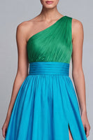 Load image into Gallery viewer, Green and Blue One Shoulder Patchwork A Line Long Formal Dress with Slit