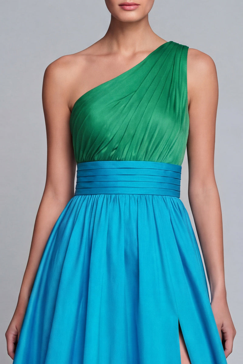 Load image into Gallery viewer, Green and Blue One Shoulder Patchwork A Line Long Formal Dress with Slit