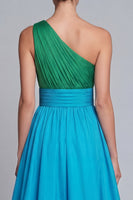 Load image into Gallery viewer, Green and Blue One Shoulder Patchwork A Line Long Formal Dress with Slit