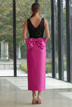 Sparkly Fuchsia and Black Sheath Patchwork Maxi Formal Dress with Slit