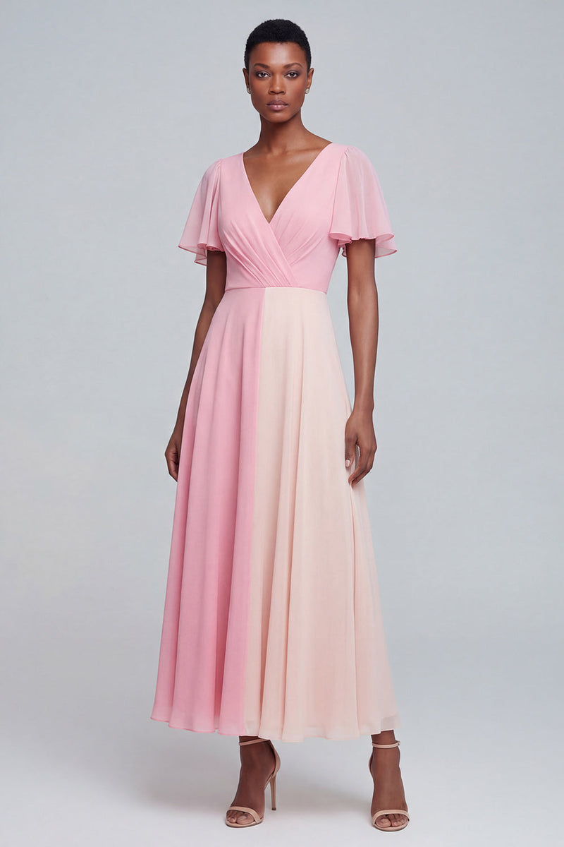 Load image into Gallery viewer, Pink V Neck A Line Flutter Sleeves Long Patchwork Formal Dress