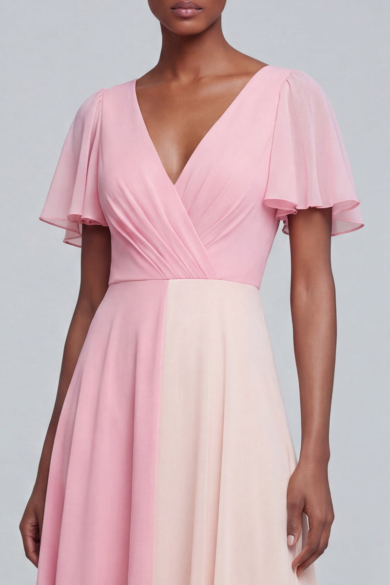 Load image into Gallery viewer, Pink V Neck A Line Flutter Sleeves Long Patchwork Formal Dress