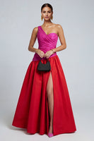Load image into Gallery viewer, Fuchsia and Red A Line Patchwork Long Formal Dress with Slit