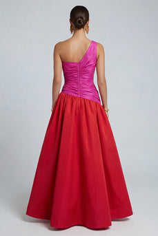 Fuchsia and Red A Line Patchwork Long Formal Dress with Slit