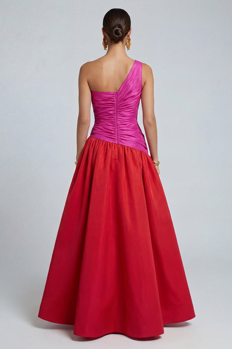Load image into Gallery viewer, Fuchsia and Red A Line Patchwork Long Formal Dress with Slit