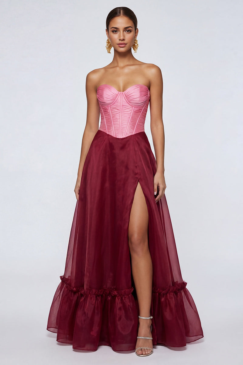 Load image into Gallery viewer, Pink and Burgundy Patchwork A Line Long Corset Formal Dress with Slit